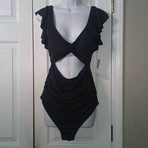 Charmo Ruffle Ribbed Maternity Swimsuit High Waisted Pregnancy Sz L NWT